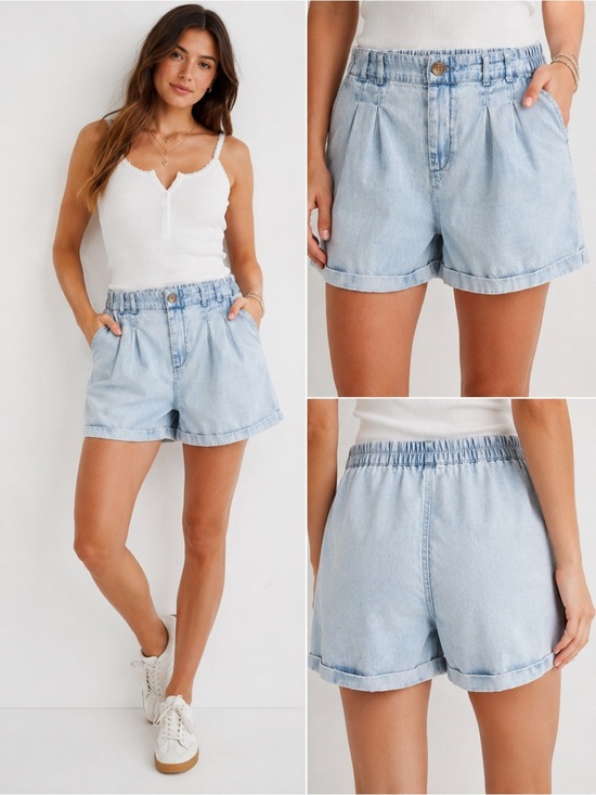 American Eagle Outfitters Pants - American Eagle Paperbag Waist Denim Shorts Light Wash Pull On Cuffed Women’s S